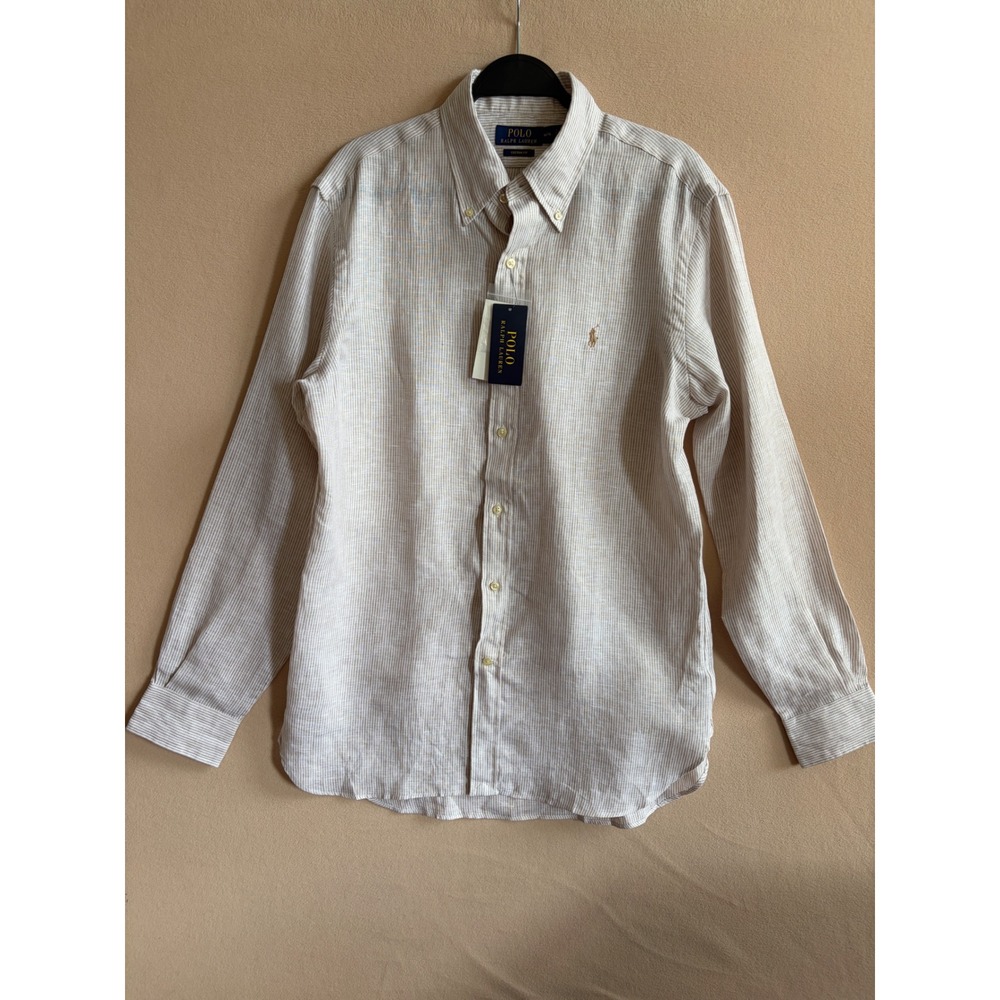 Polo Ralph Lauren Button Down Mens M Beige White Striped Linen NWT